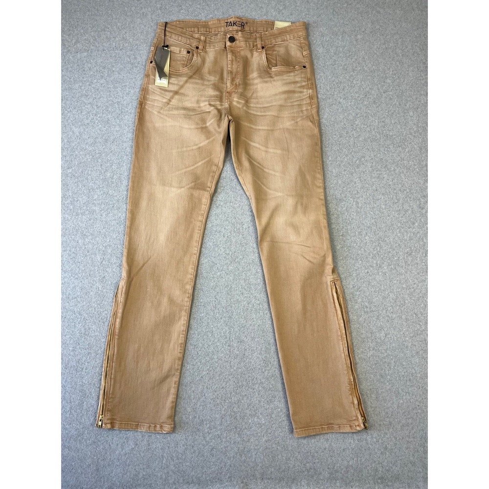 Taker Jeans Mens 40x36 Desert Sand Stacked Skinny Twill Stretch Side Leg Zip